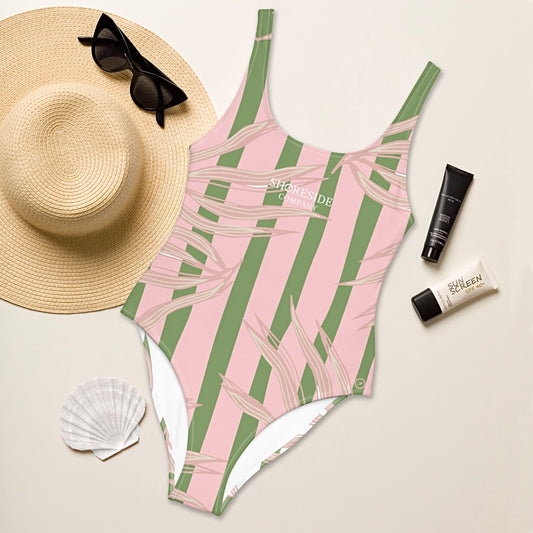 Flowing Sea Weed One Piece Swimsuit - Pink & White